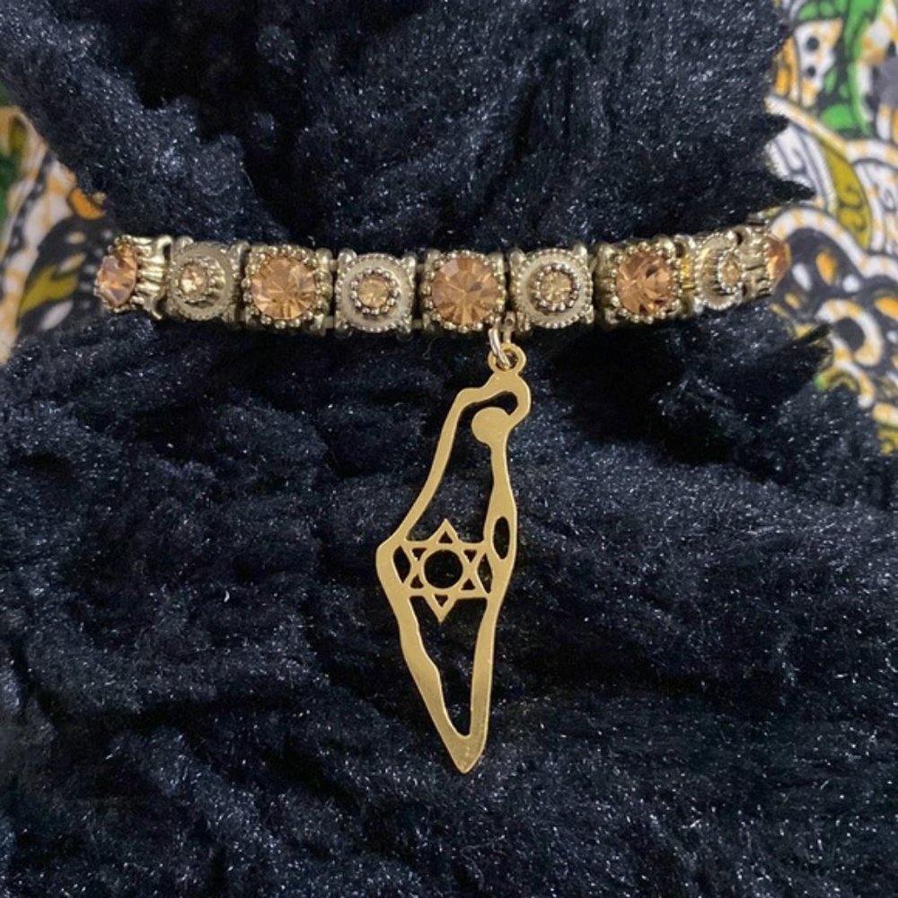 map of Israel bracelet w. orange topaz rhinestones + gold on elastic